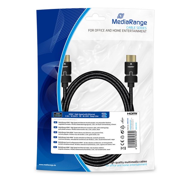 Καλώδιο MediaRange HDMI High Speed with Ethernet connection, with rotating plugs, gold-plated contacts, 18 Gbit/s data transfer rate, 2.0m, cotton, black (MRCS197)