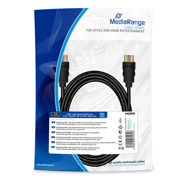 Καλώδιο MediaRange HDMI High Speed with Ethernet connection cable, gold-plated contacts, 18 Gbit/s data transfer rate, 3.0m, cotton, black (MRCS198)